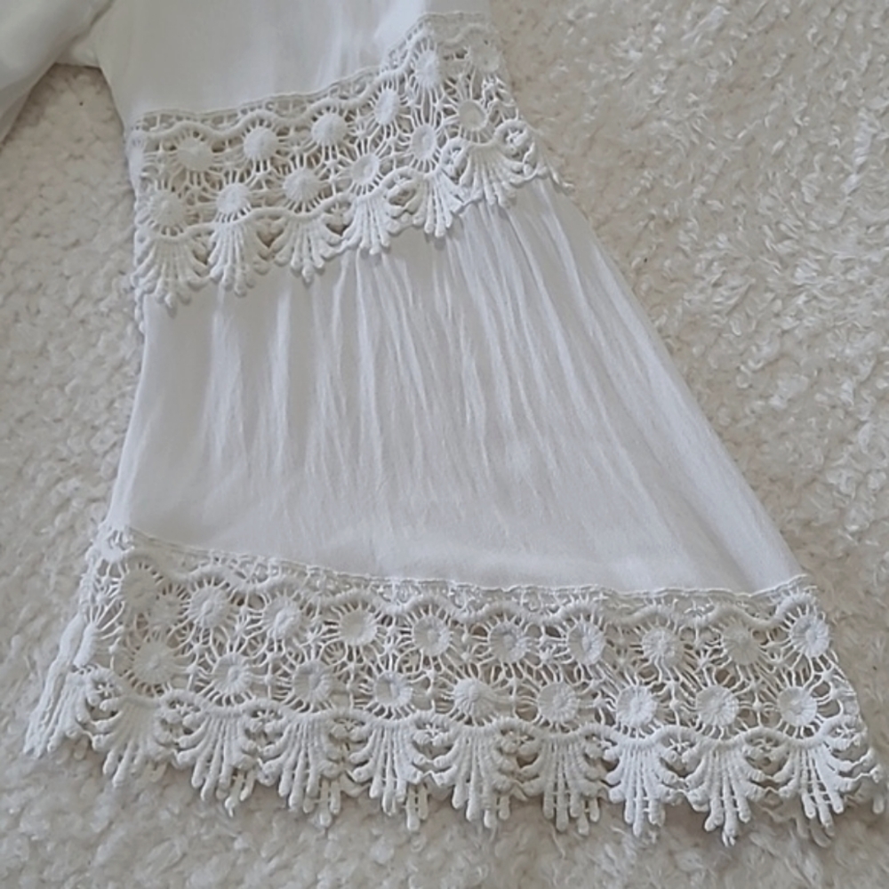 Democracy Blouse Elegant White Lace Crochet Trim Top Bell Sleeve Tassel Tie Larg - Picture 5 of 12